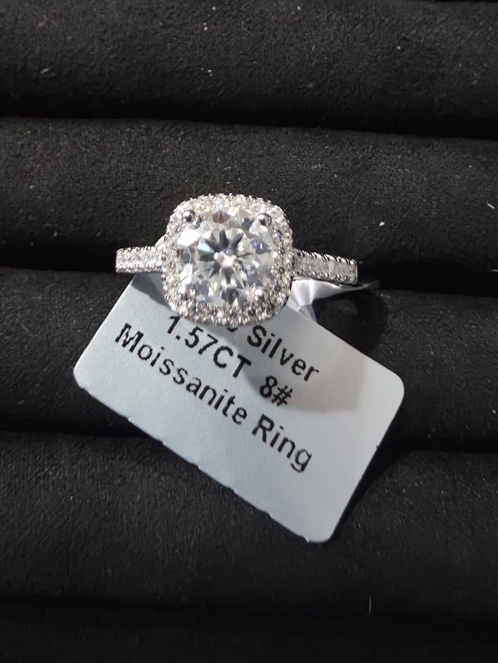 Silver Moissanite Halo Engagement Ring - White